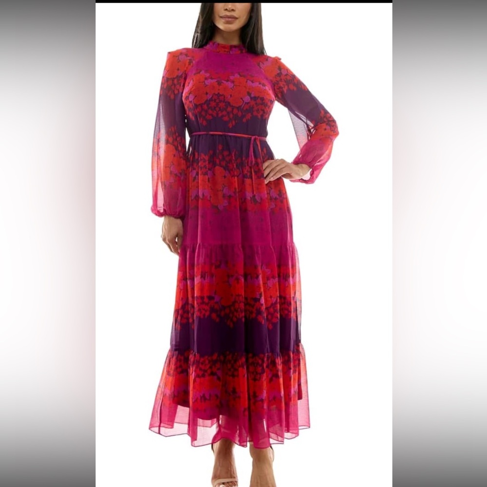 Maison Tara Purple and Red Pleated Maxi Dress with Bishop Sleeves